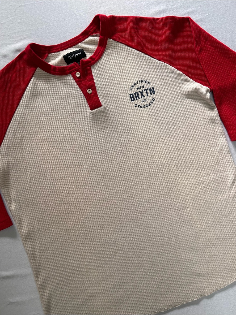 Brixton Raglan Henley Shirt Red Cream Waffle Knit Long Sleeve XL